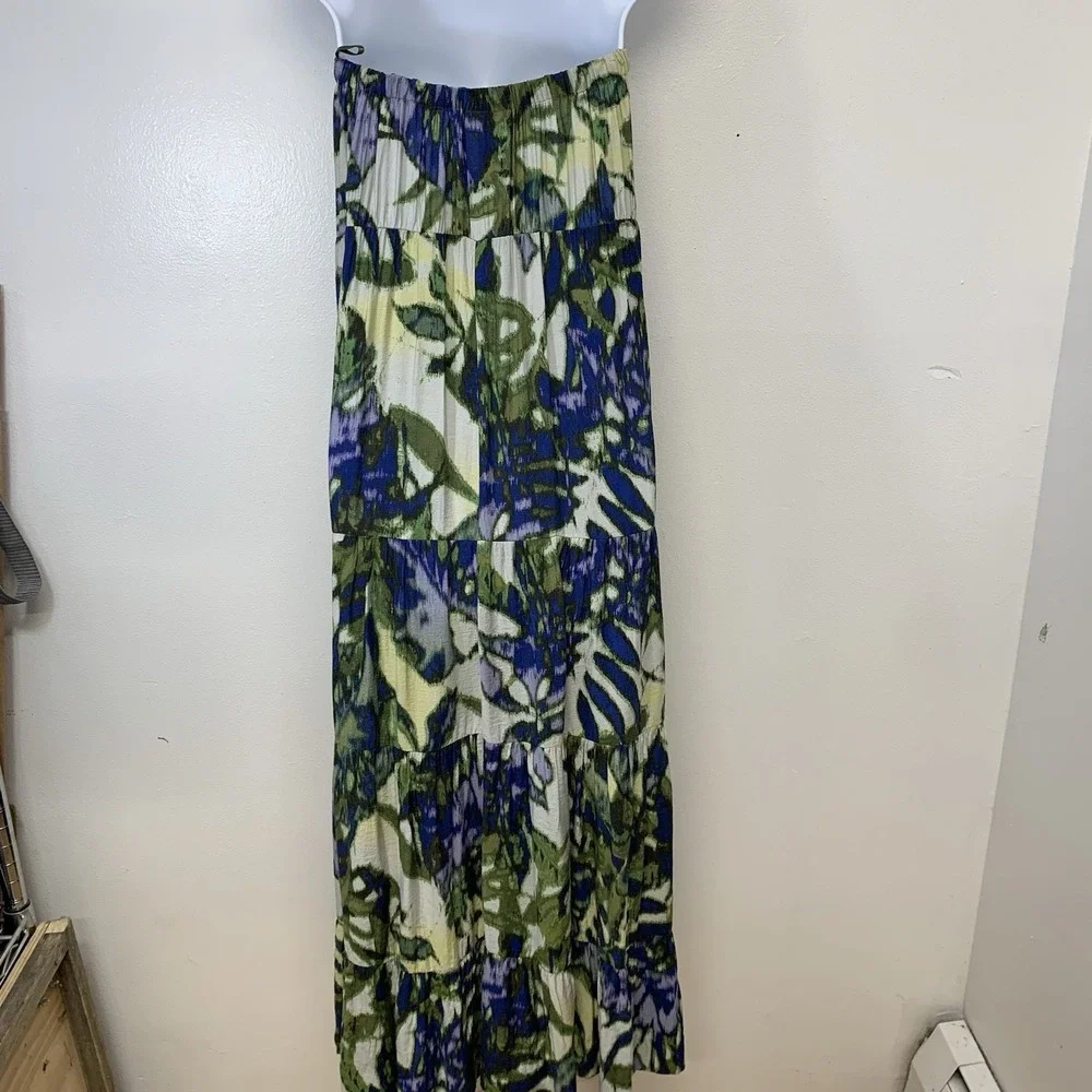 NY Co Strapless Maxi Dress S Tiered Empire Colorful‎ Abstract Tropical Romantic